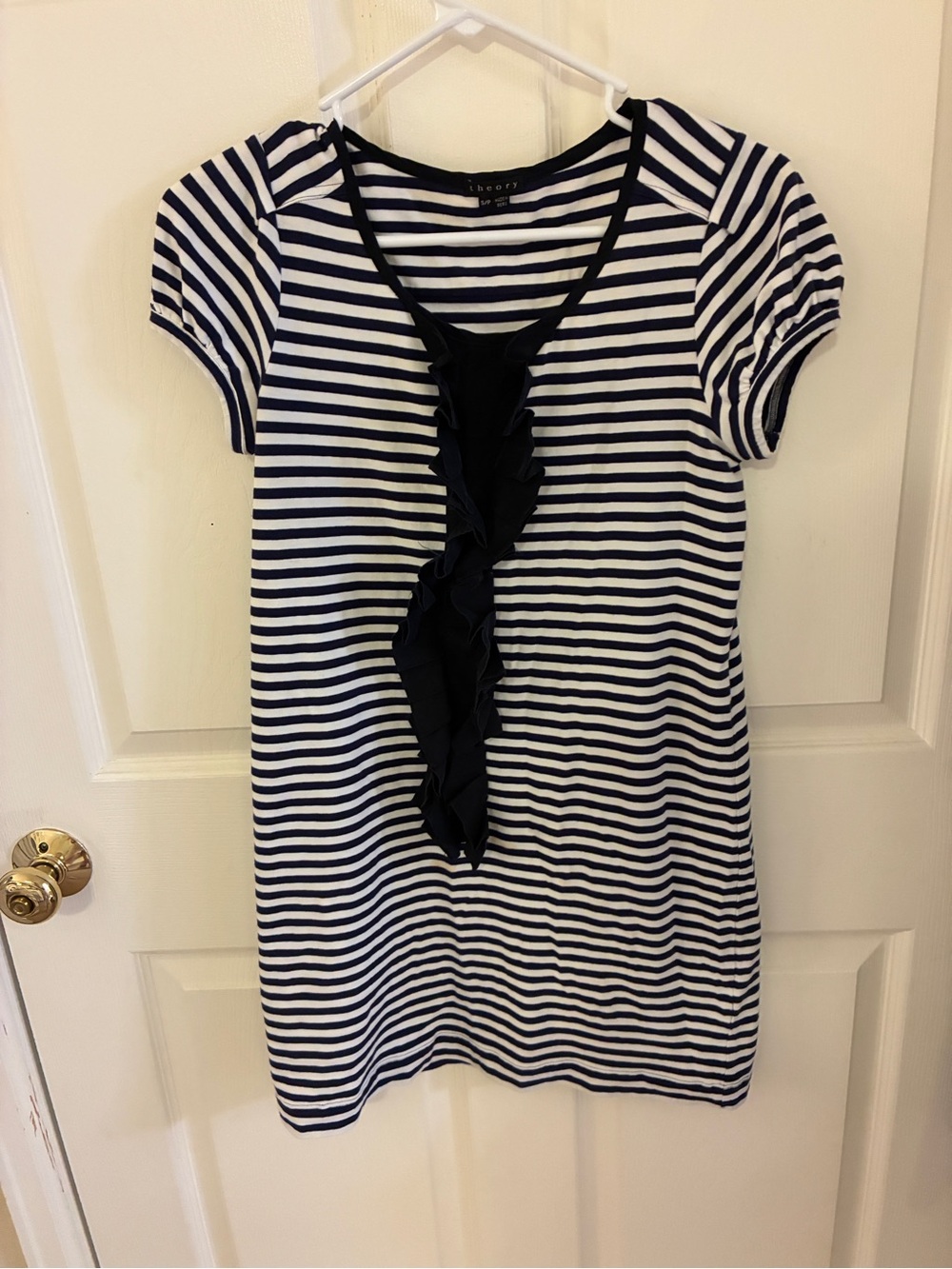 Theory Navy and White Striped Ruffle-Front Mini Dress